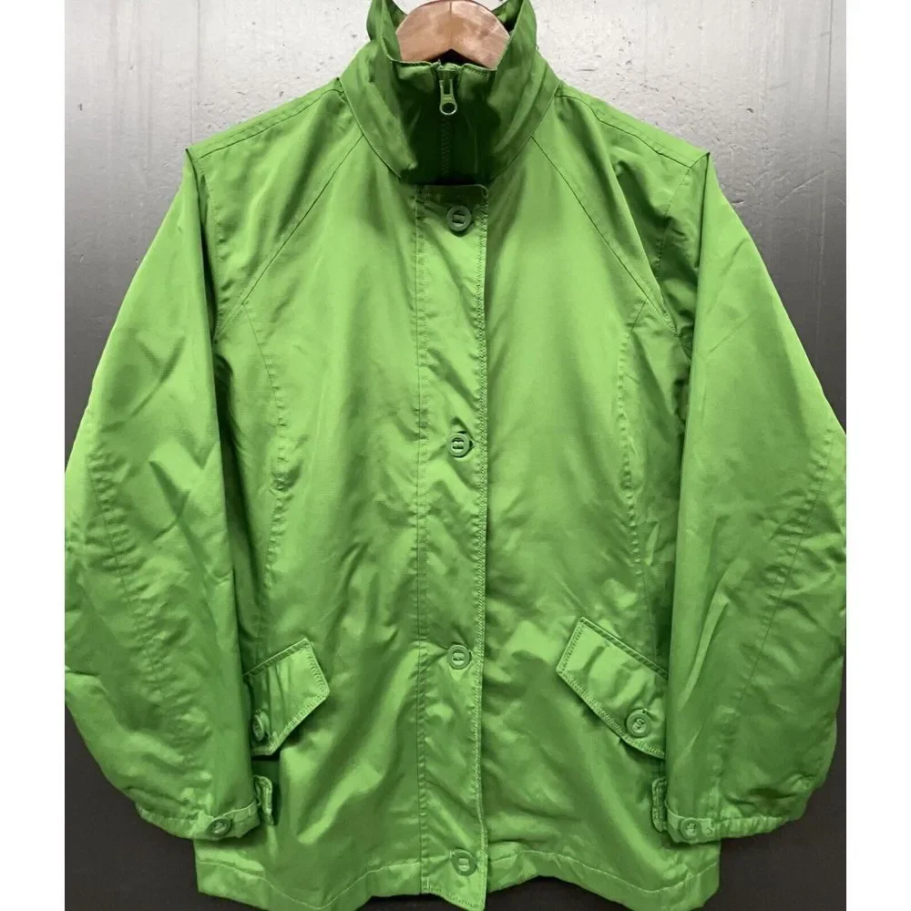 Lands End Rain Coat Women L Green Lined Zip Button Pockets Hiking Outdoor Jacket